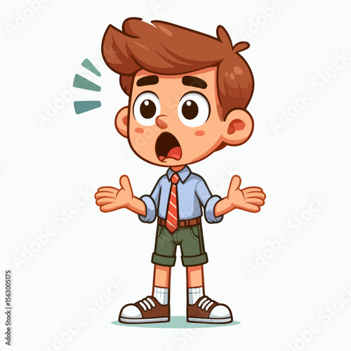 Cartoon boy with a shocked expression, his arms outstretched, stands against a white background.