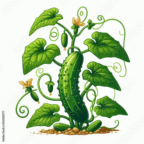 Detailed illustration of a cucumber plant with multiple cucumbers, leaves, and flowers on a white background.