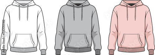 CAD drawing flat vector illustration of three hoodies, front pocket style, drawstring design details, cozy fashion layout, casual wear garment sketch, stylish streetwear apparel template
