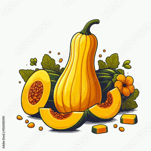 Decorative  artwork  featuring  a  whole  and  sliced  yellow  and  green  squash  with  leaves  and  flowers.  The  image  is  stylized  and  designed  with  rich  colors.
