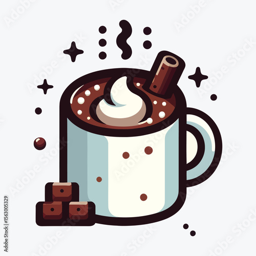 Creamy cocoa with cinnamon stick and chocolate hot cocoa