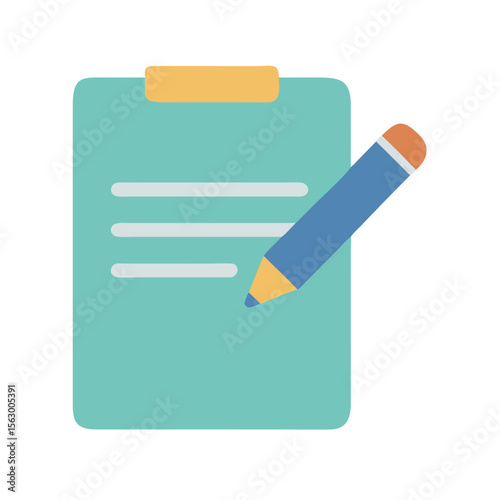 Flat vector clipboard with paper and pencil illustration