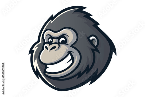A cartoon gorilla with a large smile stares directly forward on a white backdrop