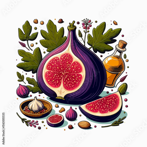 Vibrant, graphic illustration of a fig, sliced open to reveal its interior, accompanied by various spices, herbs, and oils.  The design elements include diverse textures and colors.