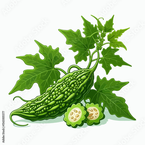 Detailed illustration of a whole and cut bitter melon with leaves, displayed against a plain white backdrop. The image features bold, vivid colors.