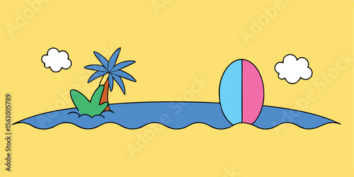 Tropical vector illustration of a summer beach scene with a surfboard on the sand, under a sunny sky by the ocean waves