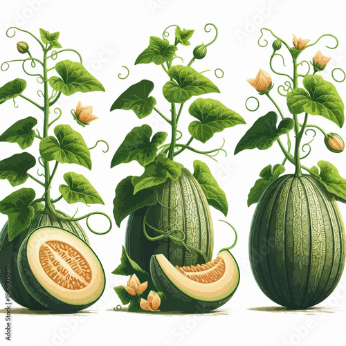 Collection of digitally rendered cantaloupes with vibrant, detailed plants, leaves, and flowers,  arranged on a white background, showing both whole and sliced fruits.