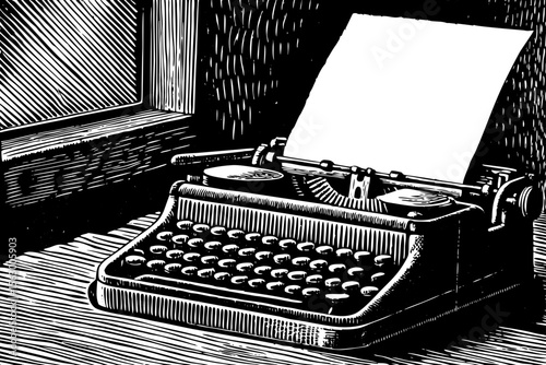 vintage typewriter with open paper ready to write, ideal for book covers, writer brands or retro-themed posters a black and white line art illustration