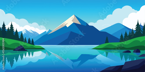 Mountain landscape with a serene lake, majestic snow-capped peaks, and a vast blue sky with reflective clouds