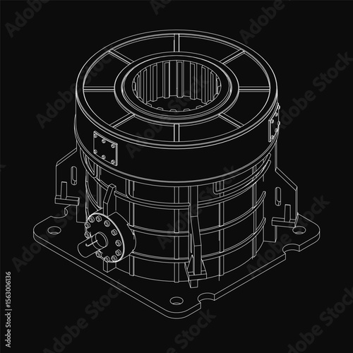 A black and white drawing of a gearbox reducer with intricate mechanical details, featuring a motor, gears, and symmetrical components. The stark contrast against the black background emphasizes.