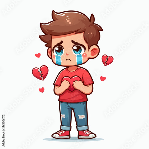 Digitally rendered cartoon illustration of a young boy, full of sorrow, holding a broken heart.  He displays an emotional expression of pain and heartbreak.