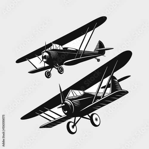 Detailed Black and White Biplane Illustrations - Vintage Aviation Art for Classic Aircraft and Flight Concepts