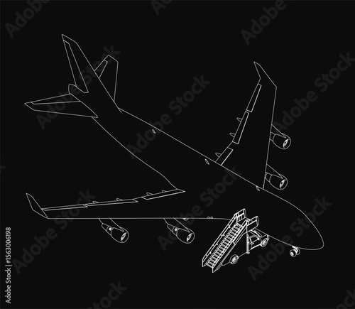 A passenger plane in black and white illustration, outlined in white against a dark background. The stark contrast highlights the aircraft's sleek design and wingspan.