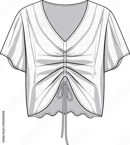 CAD drawing flat vector illustration of women’s fashion top, ruched front design, drawstring tie detail, scalloped hemline, short sleeve blouse, stylish garment layout, summer wear