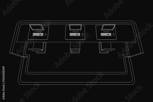 A black and white cash register illustration stands out with crisp white outlines against a dark background. The minimalist design highlights the reception desk equipment with clean contrast.