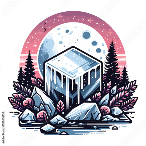 Frozen Crystal Moonscape With Pine Trees ice cube icicles