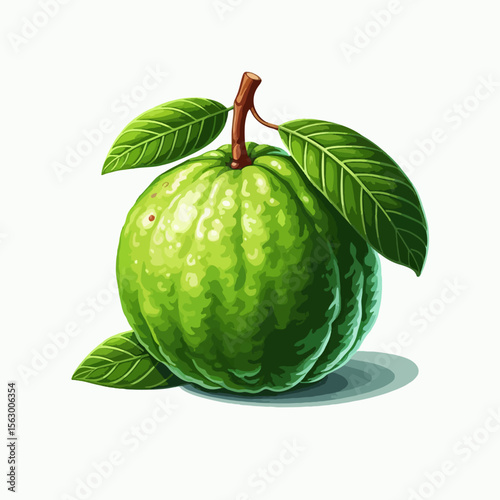 Vividly colored, digitally rendered illustration of a whole guava fruit, complete with leaves and stem, set against a plain white background.