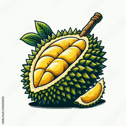 Vibrant graphic illustration of a halved durian fruit, complete with a wooden stick, displayed against a plain white background.