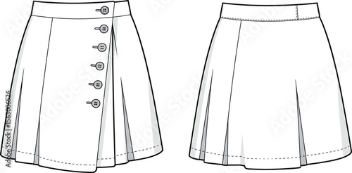 CAD drawing flat vector illustration of pleated skirts, button detail design, front and back views, trendy garment layout, sewing pattern fashion sketch, stylish clothing template artwork