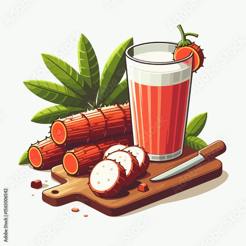 Digital illustration of a refreshing red drink made from sliced cassava root, accompanied by a few slices of the root and tropical leaves on a wooden cutting board.