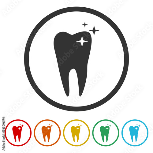 Tooth icon with sparkle. Set icons in color circle buttons