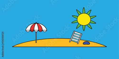 A vibrant vector illustration depicts a serene summer beach scene with an umbrella, chairs, and parasols on the sand, inviting relaxation by the tropical sea under a sunny sky
