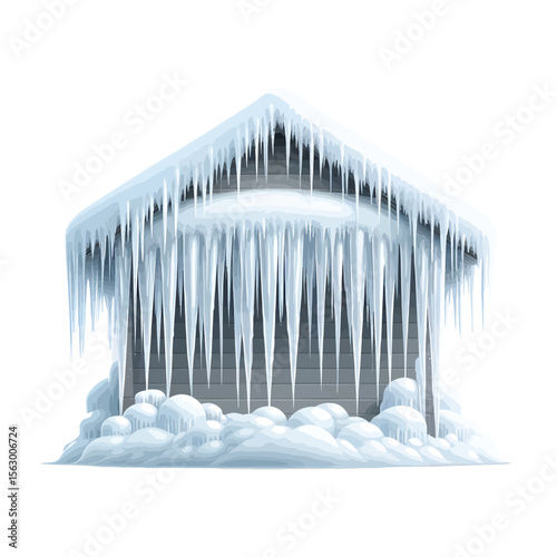 Frozen structure covered in icicles and snow winter