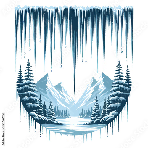 Frozen forest landscape with dripping icicles winter