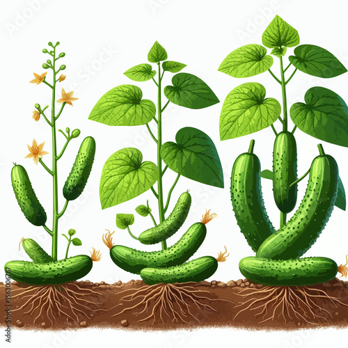 Vibrant illustration showcasing the growth cycle of cucumber plants, from seedling to mature fruiting stage.
