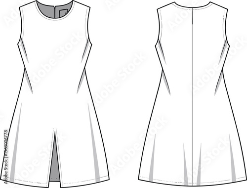 CAD drawing flat vector illustration of sleeveless dress, front and back view, center slit detail, back seam line, technical fashion sketch, 