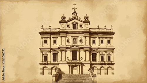 Vintage Illustration of a Grand Baroque Church Facade