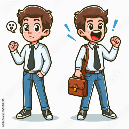 Two cartoon illustrations of a young boy, one in a pensive pose and the other in a joyful, excited stance, both dressed in business attire.