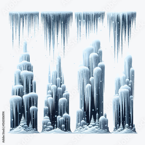 Frozen icicles and snow covered trees winter