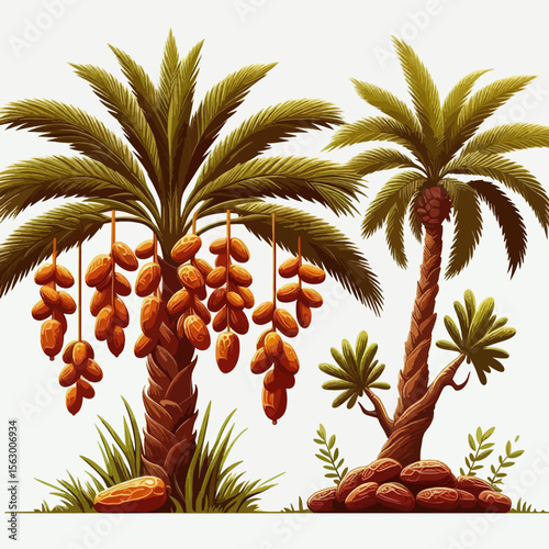 Ornamental illustrations of palm trees laden with dates.  The graphic style is sophisticated and detailed.