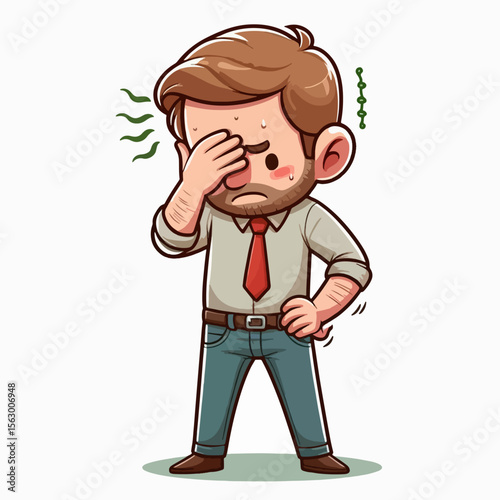 Cartoon depiction of a man in business attire, appearing embarrassed or ashamed, covering his face with his hand.  His facial expression is troubled.