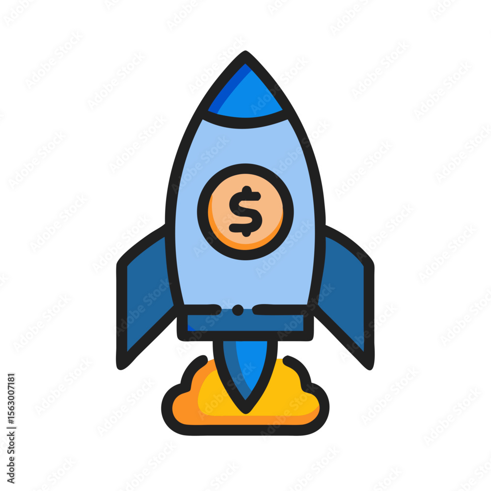 Blue rocket ship launching with dollar sign icon inside Blue rocket ship launching with dollar sign icon inside