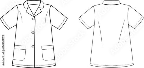 CAD drawing flat vector illustration of short sleeve lab coat, front and back view, button closure, collar detail, pocket placement, medical uniform design, garment layout template