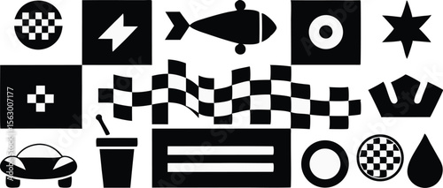 High Contrast Black and White Baby Stimulation Card with Car, Fish, Star, Crown, and Geometric Shapes for Newborn Visual Development