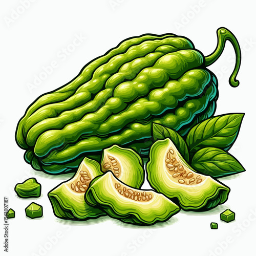 Vibrant illustration of a bitter melon and its sections against a plain white background. The melon is a light lime-green and has a bumpy texture,  with slices of the fruit arranged around it.