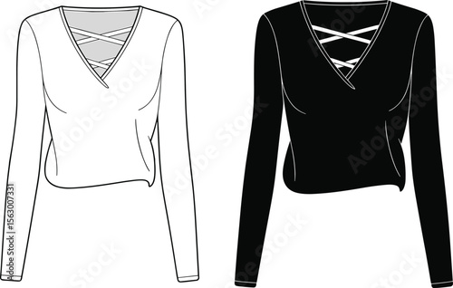 CAD drawing flat vector illustration of long sleeve tops, crisscross neckline detail, black and white variations, stylish V-neck apparel, front view sketch, fashion garment layout template