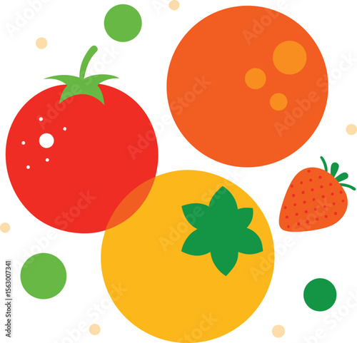 Colorful Fruit & Vegetable Illustration: Tomato, Orange, Strawberry, Whimsical Food Art, Healthy Eating Graphic Design