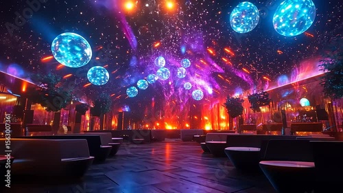A vibrant nightclub interior with colorful lights, floating spheres, and an energetic atmosphere