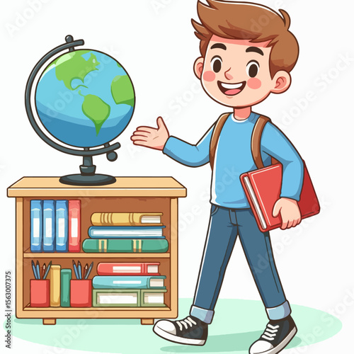 Cartoon depiction of a boy, cheerfully showing a globe and books on a desk with shelves.  He's dressed in school attire, displaying a joyful expression and a positive learning attitude.