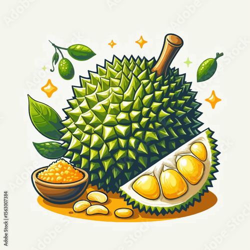Stylized depiction of a durian fruit, showcasing its segments, seeds, and leaves, presented in a vibrant and colorful graphic design.