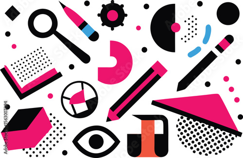 Abstract Graphic Design Elements: Magnifying Glass, Pencil, Book, Eye, and Geometric Shapes in a Memphis Style Pattern