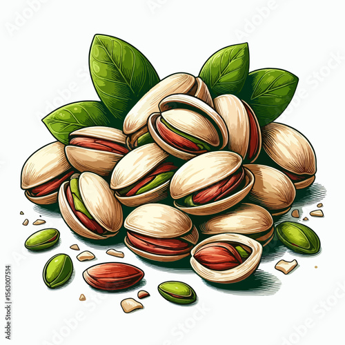 Vibrant illustration depicts a cluster of pistachios, with shells and kernels, nestled among green leaves, against a clean white backdrop.  The graphic design displays the nuts in realistic detail.