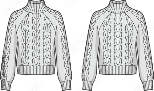 CAD drawing flat vector illustration of cable knit sweaters, high neckline design, ribbed hem and cuff details, cozy winter fashion styling, front view garment layout template
