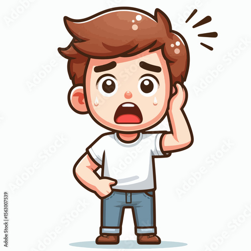Cartoon character of a boy, displaying a surprised and concerned expression.  He is dressed in casual clothes and appears slightly anxious.