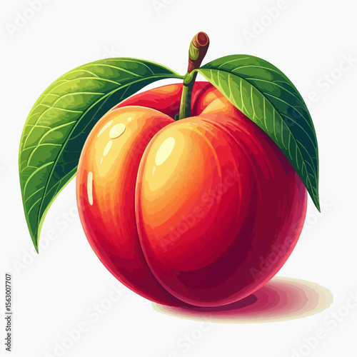 Digital illustration of a single, perfectly rendered peach with leaves. The peach is depicted in vibrant colors, and the illustration is set against a plain white background.