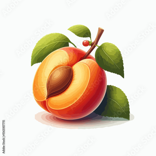 Vibrant digital illustration showcases a halved apricot, displaying its appealing colors, texture, and pit, with surrounding leaves.